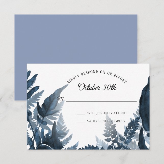 Convites Aquarela Boho Azul Moderno Folhagem de Samambaia R (Frente/Verso)