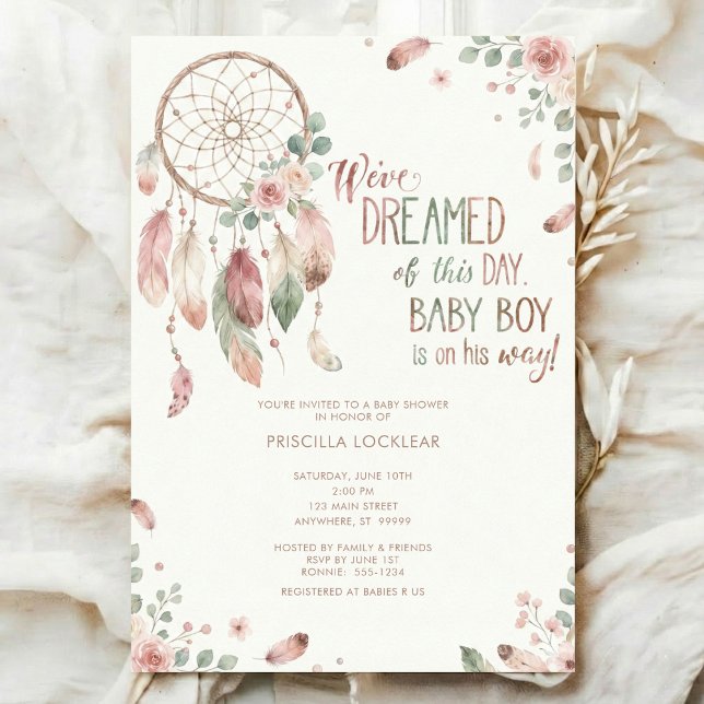 Convites Aquarela Boho flor Dreamcatcher Chá de Bebê (Criador carregado)