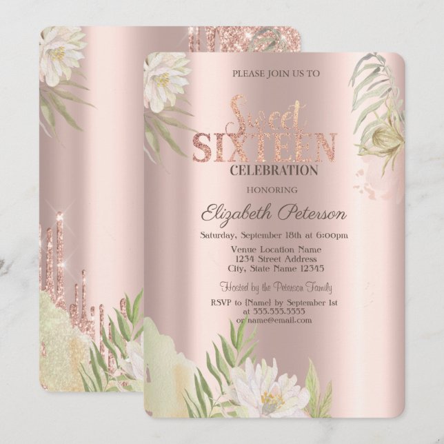 Convites Aquarela Boho Floral Rosa Dourado Sweet 16 (Frente/Verso)