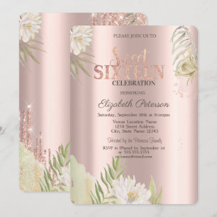 Convites Aquarela Boho Floral Rosa Dourado Sweet 16