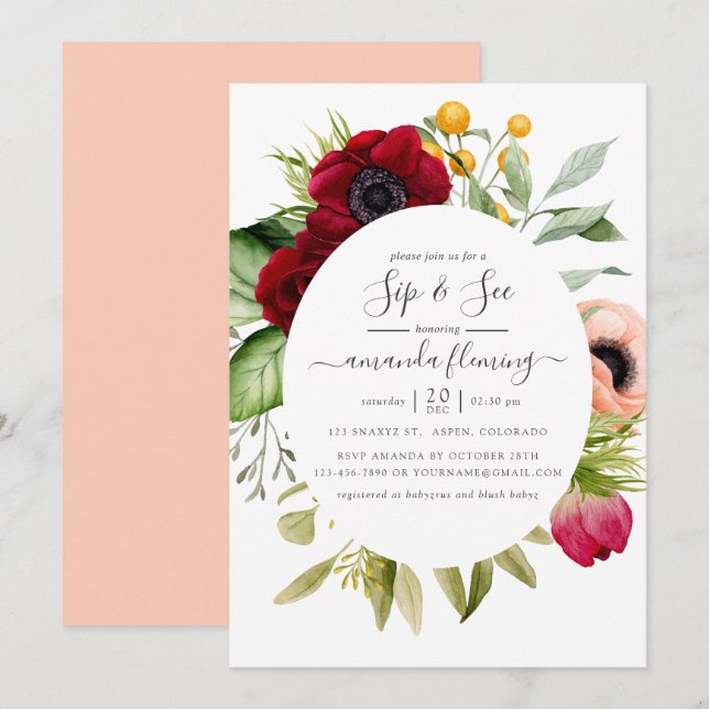 Convites Aquarela Boho Floral Sip and See (Frente/Verso)