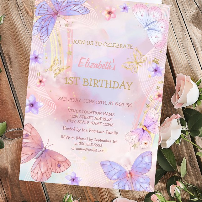 Convites Aquarela Borboleta Lilás Dourada Aniversário Arco- (Criador carregado)