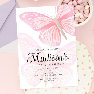 Convites Aquarela Borboletas Rosa Bonito Primeiro Aniversár