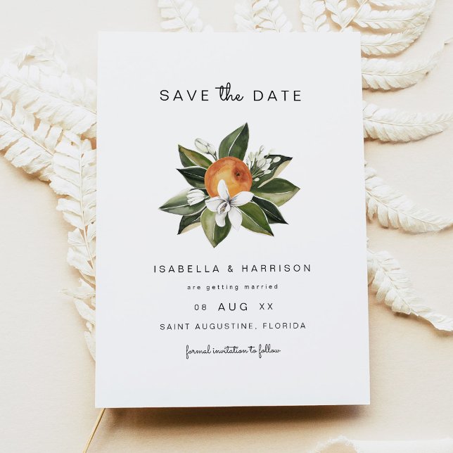 Convites Aquarela Botânica de Flores de Laranjeira Salvar D (Elegant Orange Botanical Save the Date Cards)