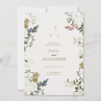 Convites Aquarela Botânica de Rosa Branca e Verde Evergreen