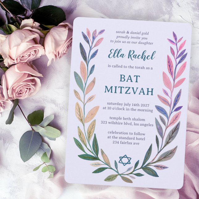 Convites Aquarela Botânica Estrela de Davi Bar Bat Mitzvah (Botanical Watercolor Star of David Bar Bat Mitzvah Invitation
)