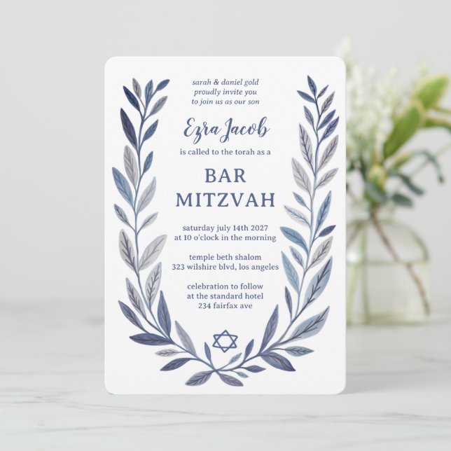 Convites Aquarela Botânica Estrela de Davi Bar Bat Mitzvah (Em pé/Frente)