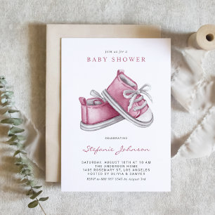 Convites Aquarela Botinhas Rosa de Bebê Código QR Chá de Be