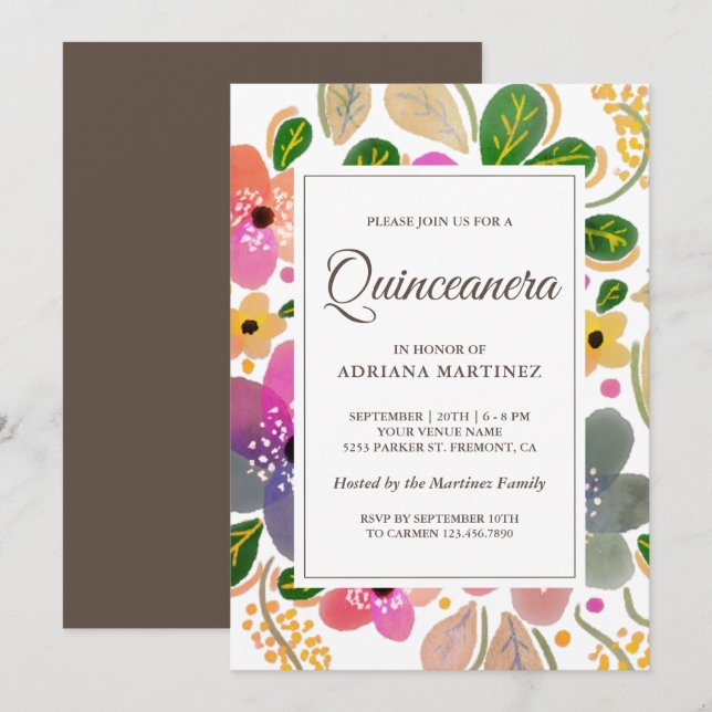 Convites Aquarela Brilhante Quinceanera Floral (Frente/Verso)