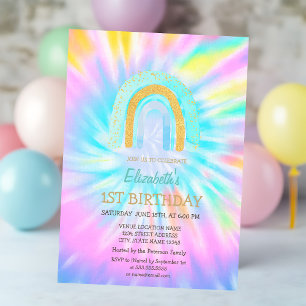 Convites Aquarela Brilho Arco-íris Tie Dye Aniversário