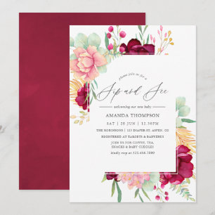 Convites Aquarela Burgundy e Floral Cor-de-Rosa Beber e Ver
