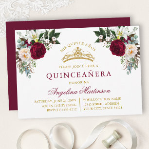 Convites Aquarela Burgundy Floral Coroa de Ouro Quinceanera
