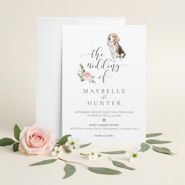 Convites Aquarela Cachorro Beagle Pet & Floral Rosa (Watercolor Beagle Dog Pet & Floral Pink Rose Invitation)