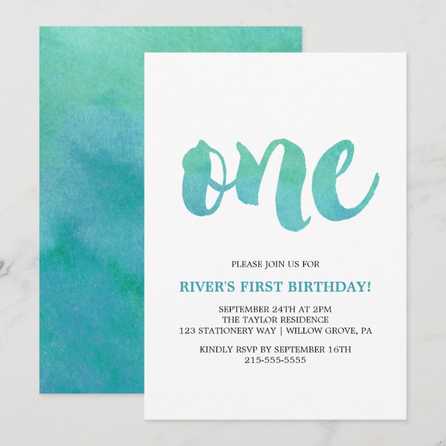 Convites Aquarela Caligrafia Primeiro Aniversário (Frente/Verso)