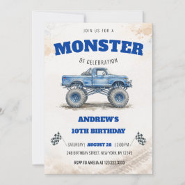 Convites Aquarela Caminhão Monstro Azul Moderno Aniversário