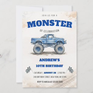 Convites Aquarela Caminhão Monstro Azul Moderno Aniversário
