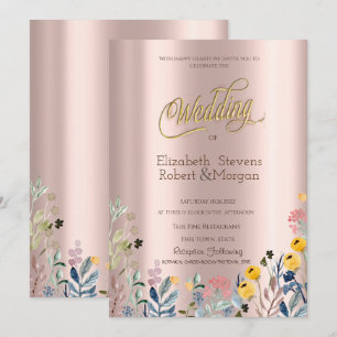 Convites Aquarela Campo de Flores Silvestres Rosa Dourado