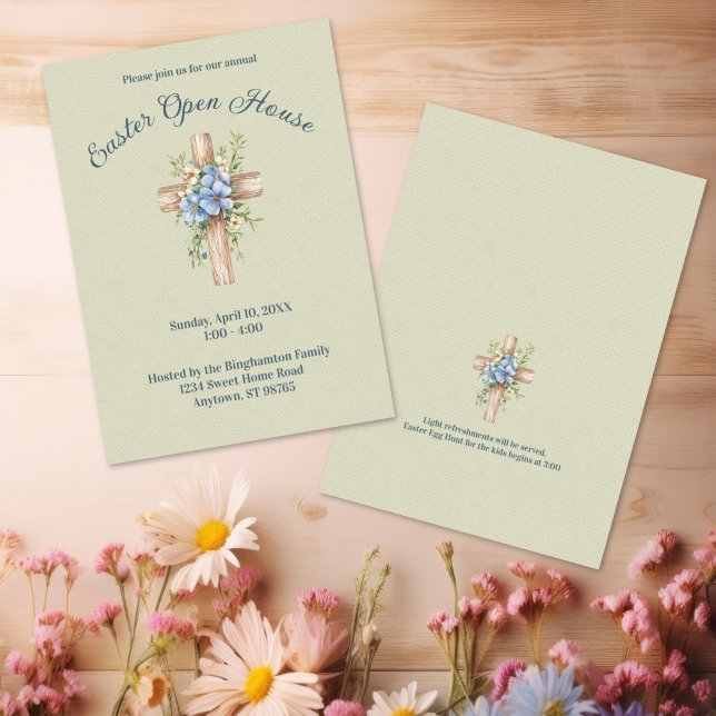 Convites Aquarela Casa Aberta de Páscoa com Cruzes Florais  (Watercolor Blue Floral Cross Personalized Easter Open House Invitation)