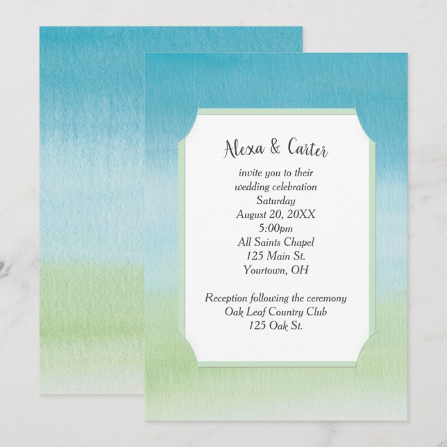 Convites Aquarela Casamento Aqua e Verde (Frente/Verso)
