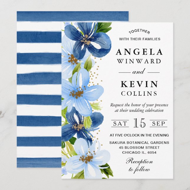 Convites Aquarela Casamento de Flores Azuis e Navy (Frente/Verso)
