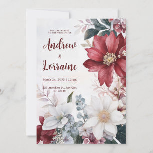 Convites Aquarela Casamento Floral Branco Outono Borgonha