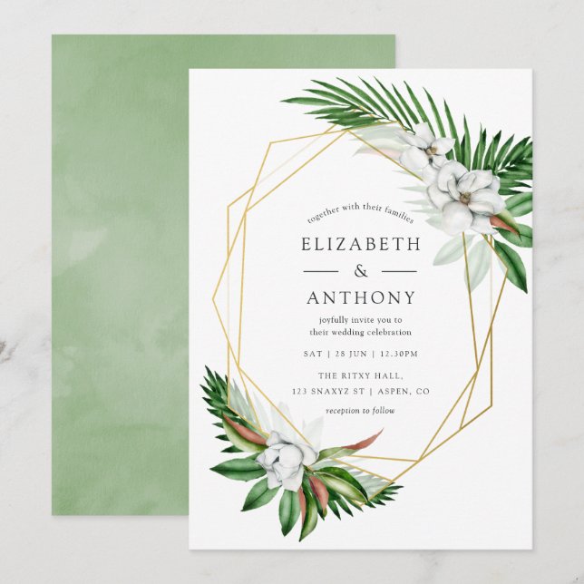 Convites Aquarela Casamento Geométrico Tropical (Frente/Verso)