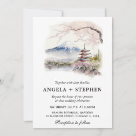 Convites Aquarela Casamento Japonês Fuji e Pagode Scênico