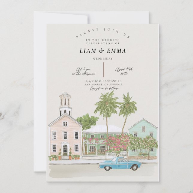 Convites Aquarela Casamento KEY WEST Chaves da Flórida  (Frente)