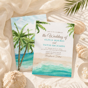 Convites Aquarela Casamento Praia Tropical & Palmeiras