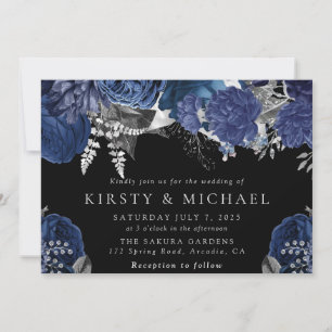 Convites Aquarela Casamento Rosas Navy e Prata