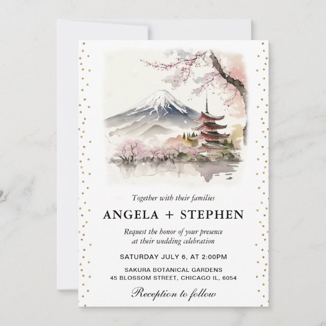Convites Aquarela Casamento Temático Japonês Fuji e Pagode (Frente)