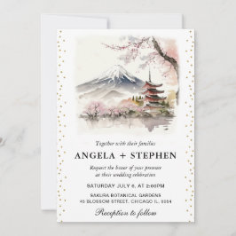 Convites Aquarela Casamento Temático Japonês Fuji e Pagode