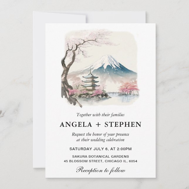 Convites Aquarela Casamento Temático Japonês Fuji e Pagode (Frente)