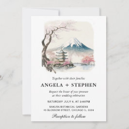 Convites Aquarela Casamento Temático Japonês Fuji e Pagode
