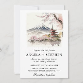Convites Aquarela Casamento Temático Japonês Fuji e Pagode