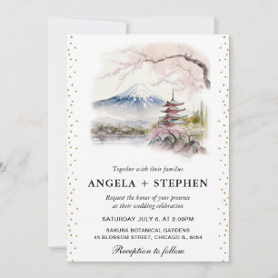 Convites Aquarela Casamento Temático Japonês Fuji e Pagode