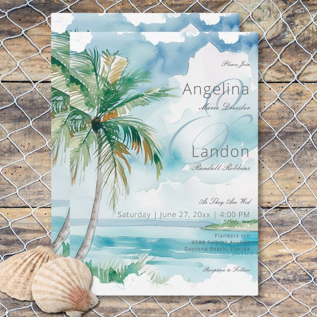 Convites Aquarela Cena de Palmeiras Modernas e Praia Casame (Watercolor Modern Palms & Beach Scene Wedding Invitation)