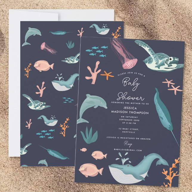 Convites Aquarela Chá de fraldas Azul de Animais do Mar do  (Watercolor Ocean Sea Animals Blue Baby Shower Invitation)