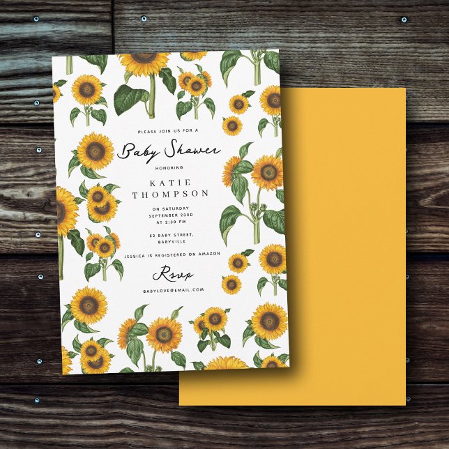 Convites Aquarela Chá de fraldas de folhagem Botânica de gi (Watercolor Sunflower Botanical Foliage Baby Shower Invitation)