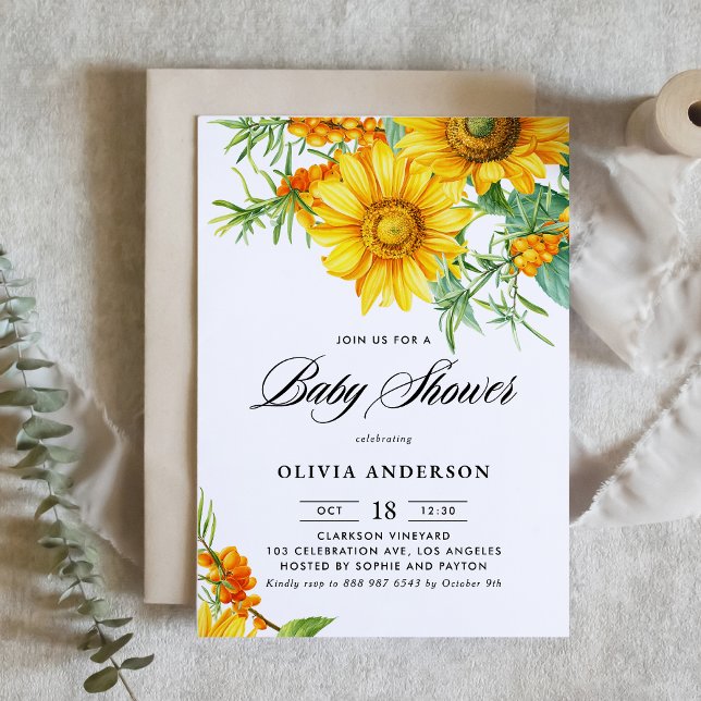 Convites Aquarela Chá de fraldas girassol e espinho marinho (Botanical baby shower invitation featuring illustrations of yellow sunflower and sea buckthorn.)