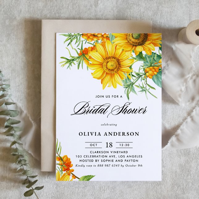 Convites Aquarela Chá de panela de girassol e espinho marin (Botanical bridal shower invitation featuring illustrations of yellow sunflower and sea buckthorn.)