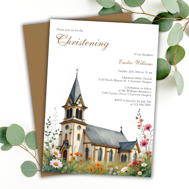 Convites Aquarela Charming Church Baptism Christening (Watercolor Charming Church Baptism Christening Invitation)