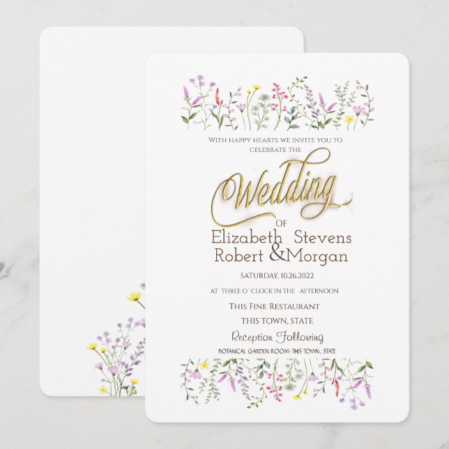Convites Aquarela Chic Casamento de Flores Silvestres (Frente/Verso)
