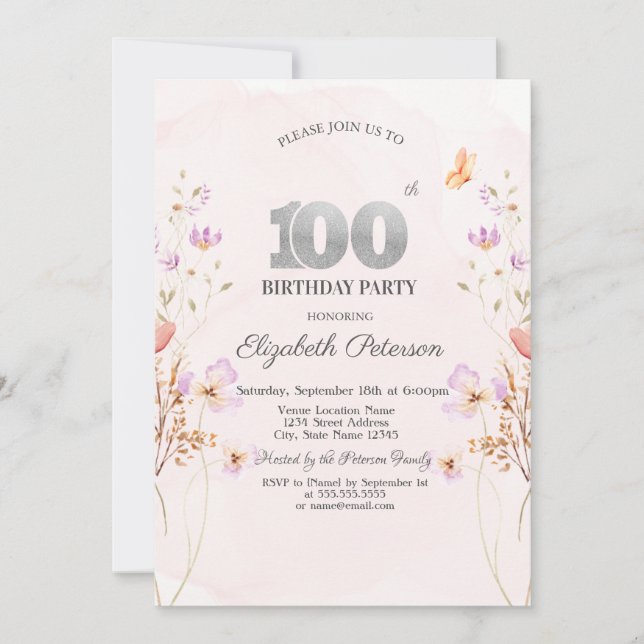 Convites Aquarela Chic de Flores Silvestres Lilás Aniversár (Frente)
