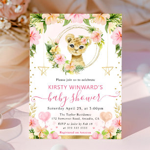 Convites Aquarela Chuveiro de Bebê Leãozinho Fofo Rosa da S