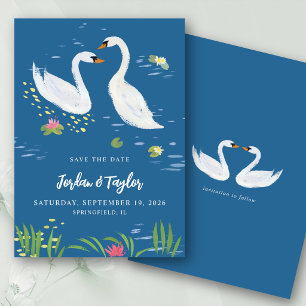 Convites Aquarela Cisnes Romântico Salvar a Data Azul