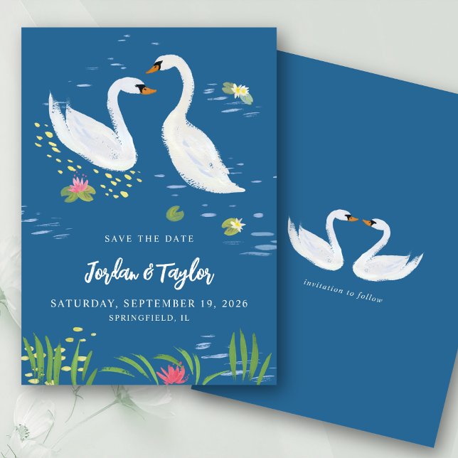 Convites Aquarela Cisnes Romântico Salvar a Data Azul (Soft watercolor swans on a rich blue pond. Personalize names, date & location in seconds.)