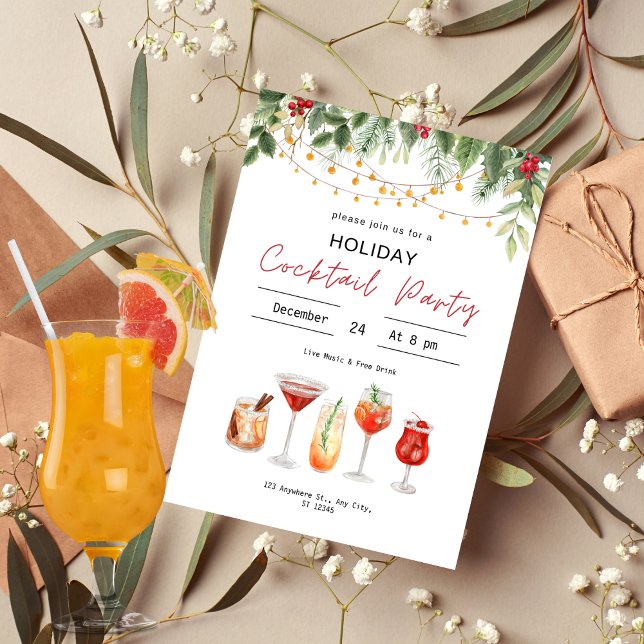 Convites Aquarela Cocktail de Natal Bebidas de Natal (Criador carregado)
