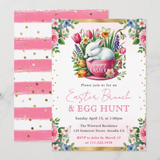 Convites Aquarela Coelho Flores de Primavera Brunch de Pásc (Frente/Verso)