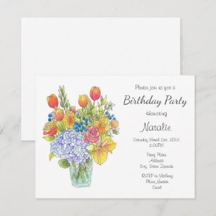 Convites Aquarela Colorida, Caneta & Tinta Floral Bouquet